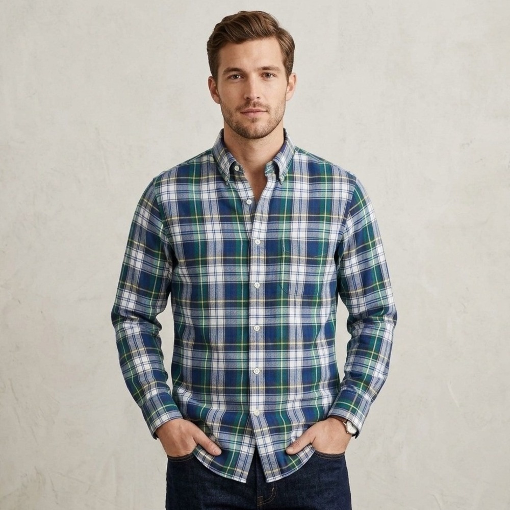 J.Crew Mens Small Button‎ Down Shirt Blue Green Plaid Baird McNutt Irish Linen
